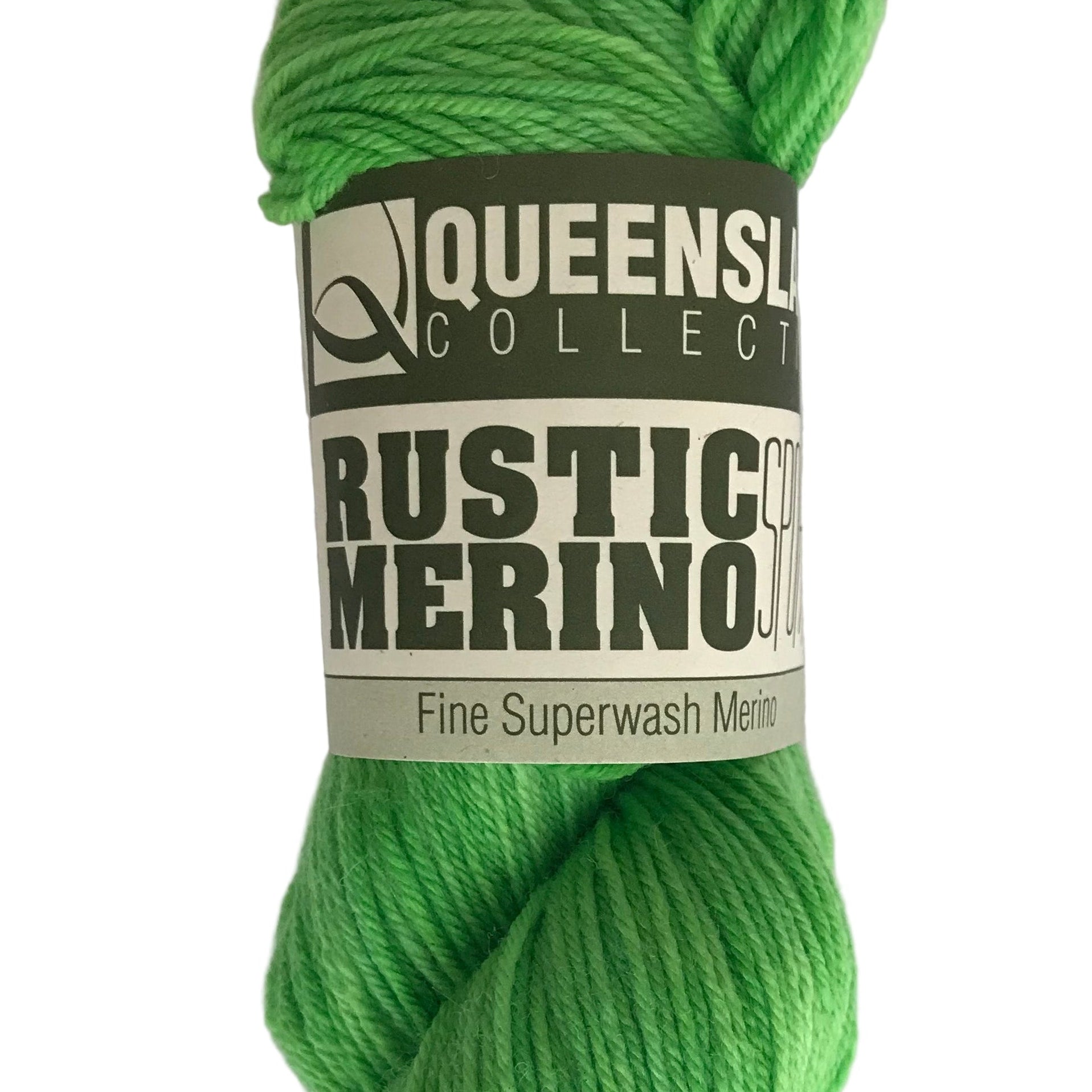 Green skein of yarn with a label on a white background