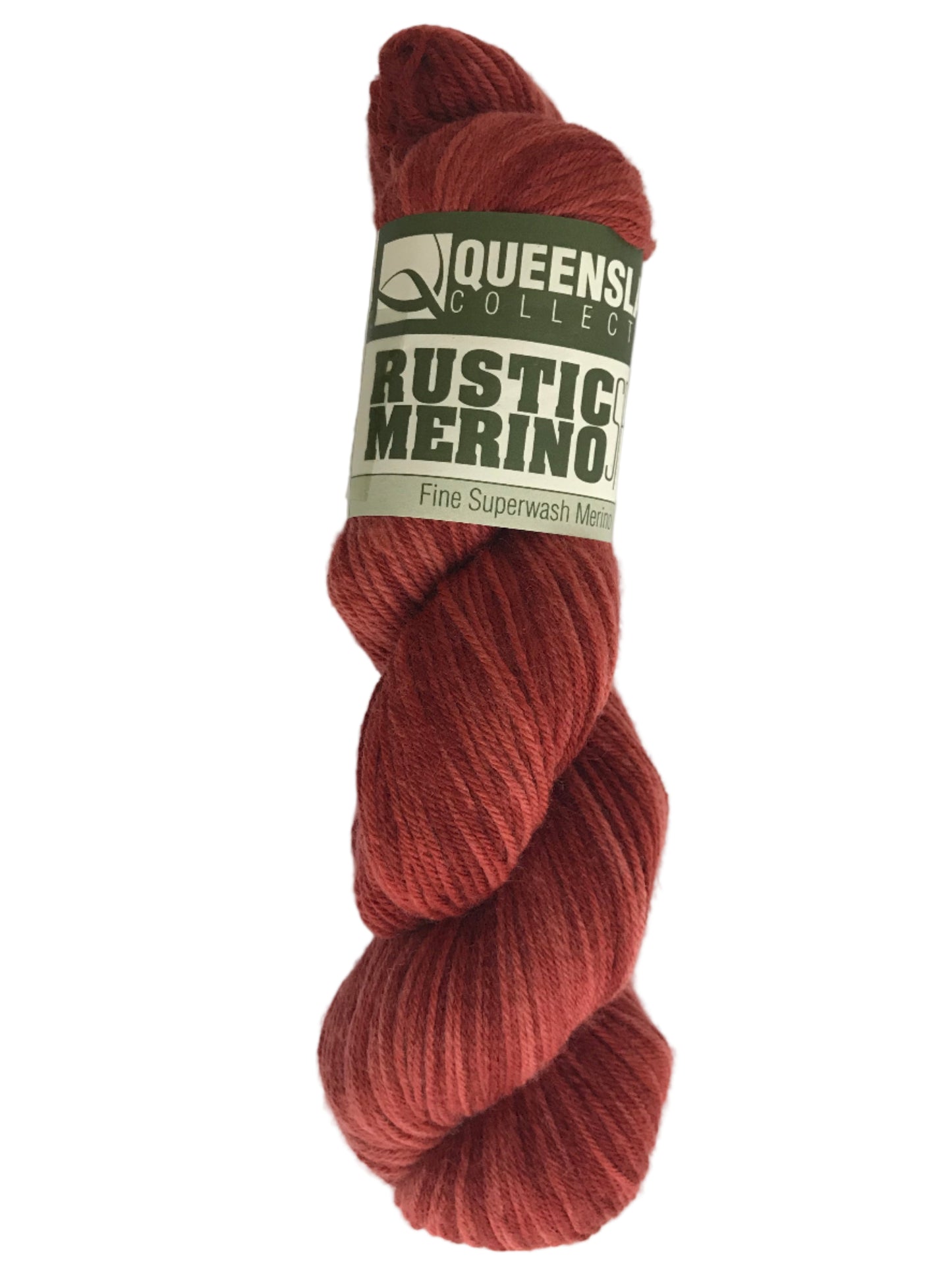 Red skein of yarn with a label on a white background