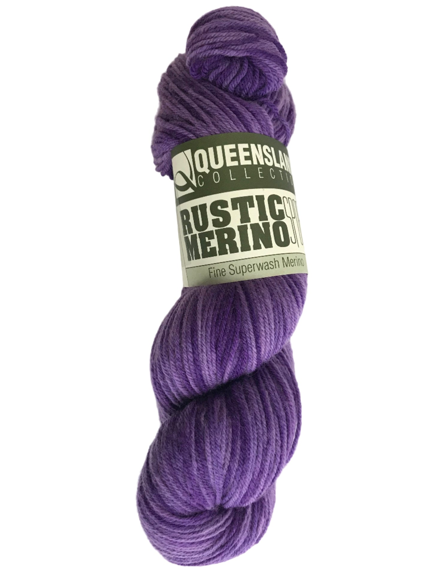 Purple skein of yarn with a label on a white background