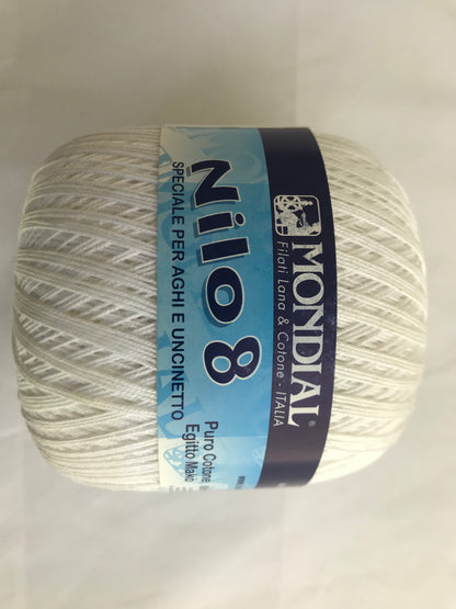 Ball of yarn with Mondial Nilo 8 label on a light gray background