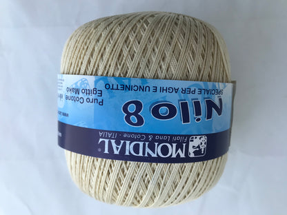 Ball of yarn with Mondial Nilo 8 label on a white background