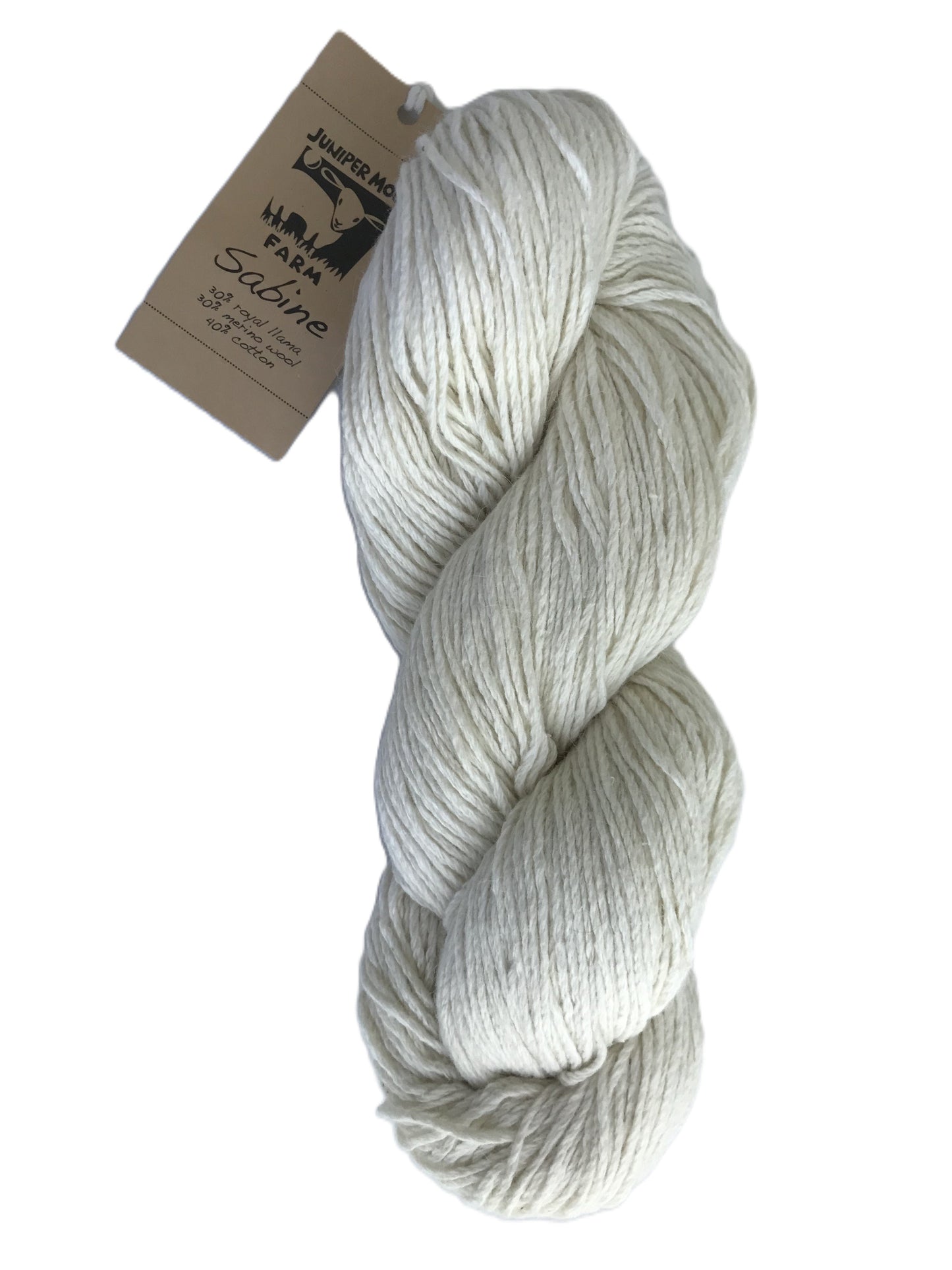 Ball of gray yarn with a label on a white background