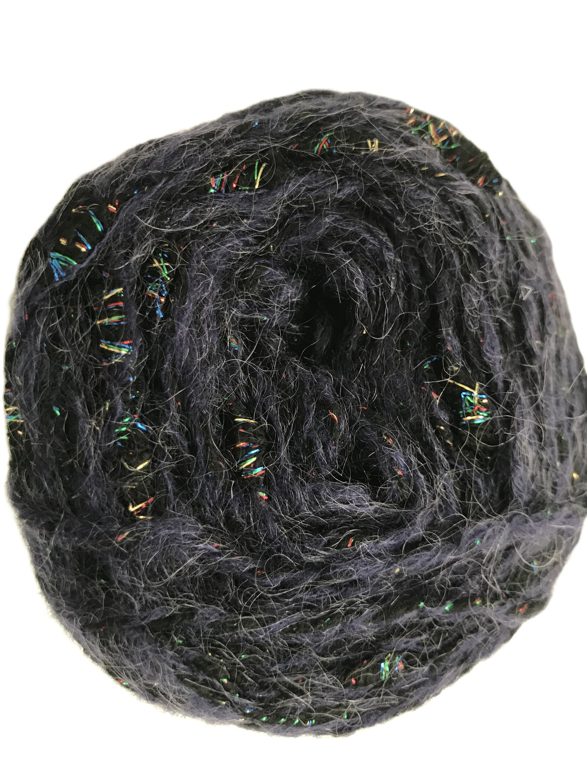 Ball of dark gray yarn with multicolored fibers on a white background