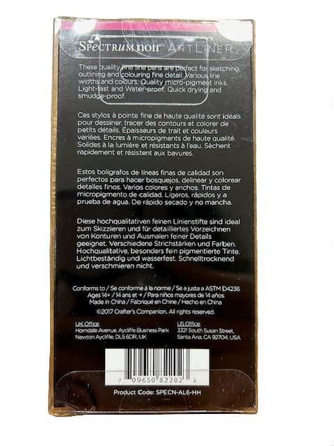 Back of a packaging for Spectrum Noir Artliner with product details and branding.