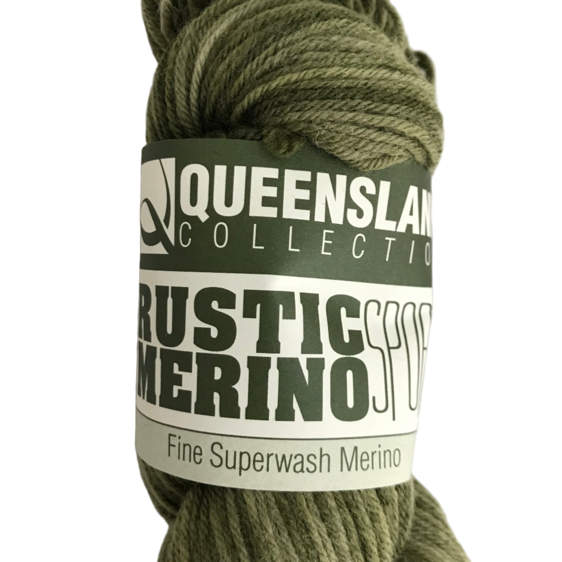 Green skein of yarn with a label on a white background