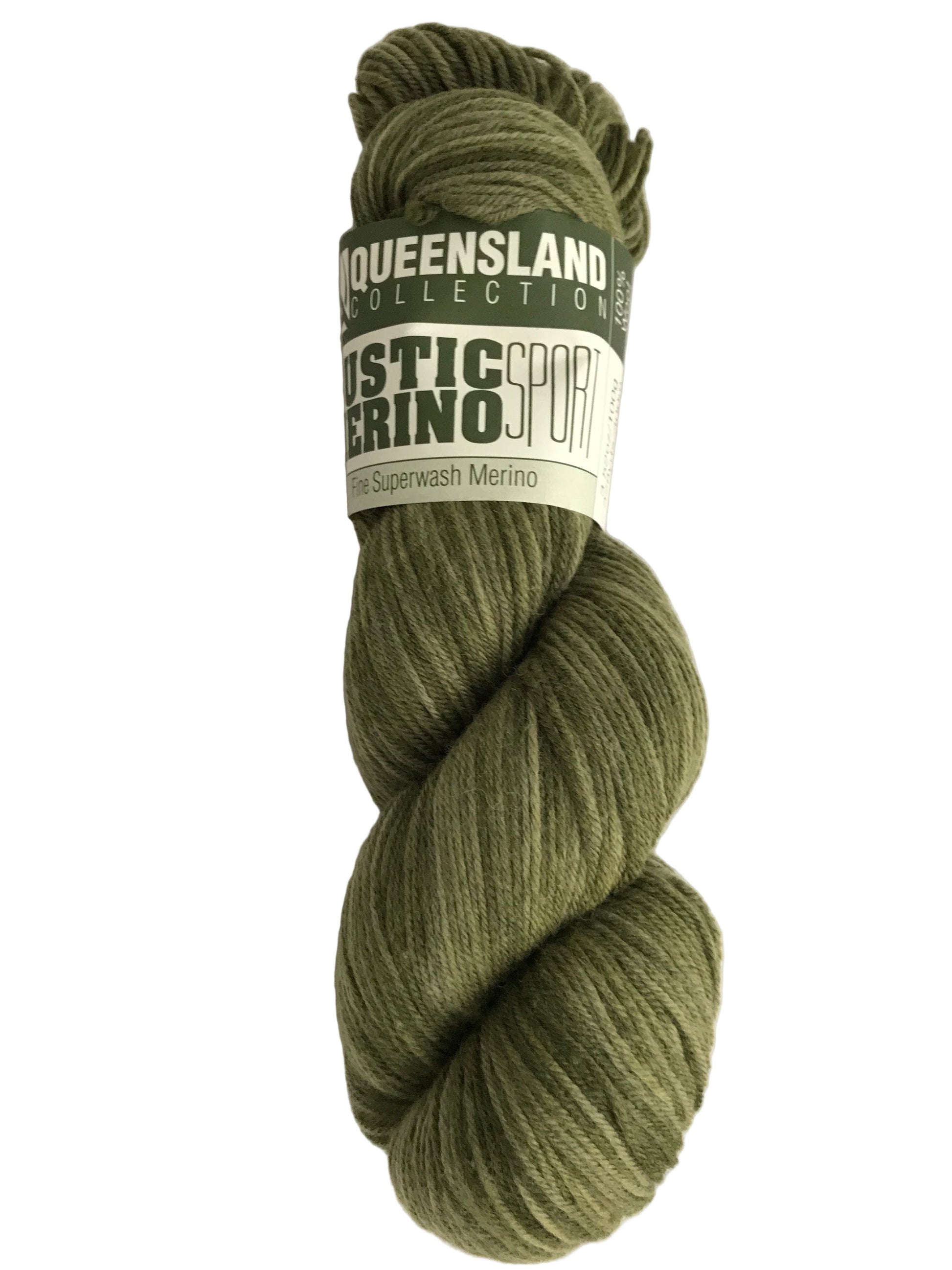 Green skein of yarn with a label on a white background