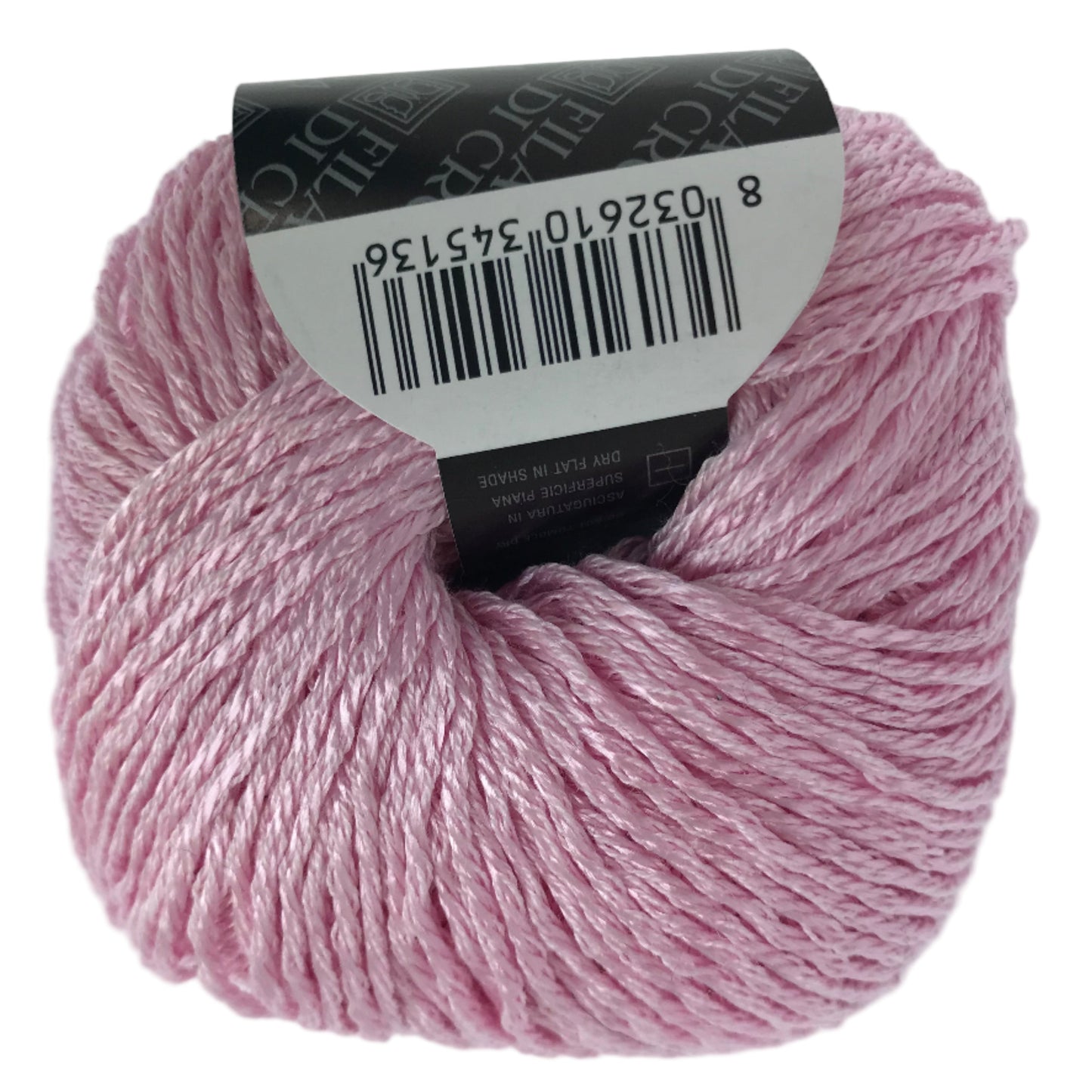 Pink yarn ball with a label on a white background