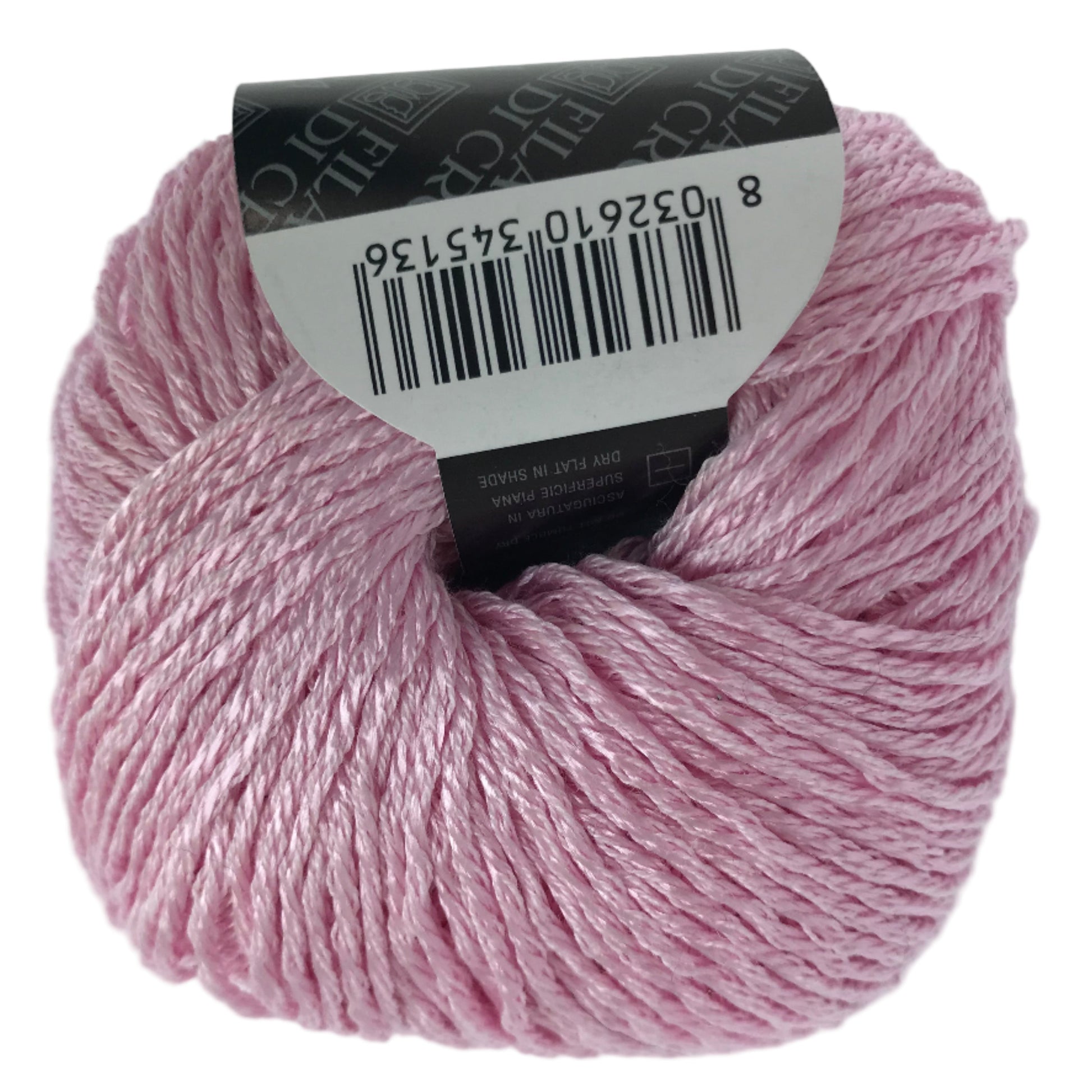 Pink yarn ball with a label on a white background