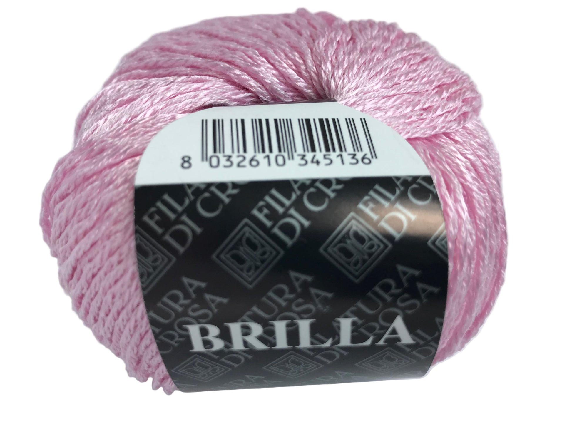 Pink yarn ball with a 'BRILLA' label on a white background