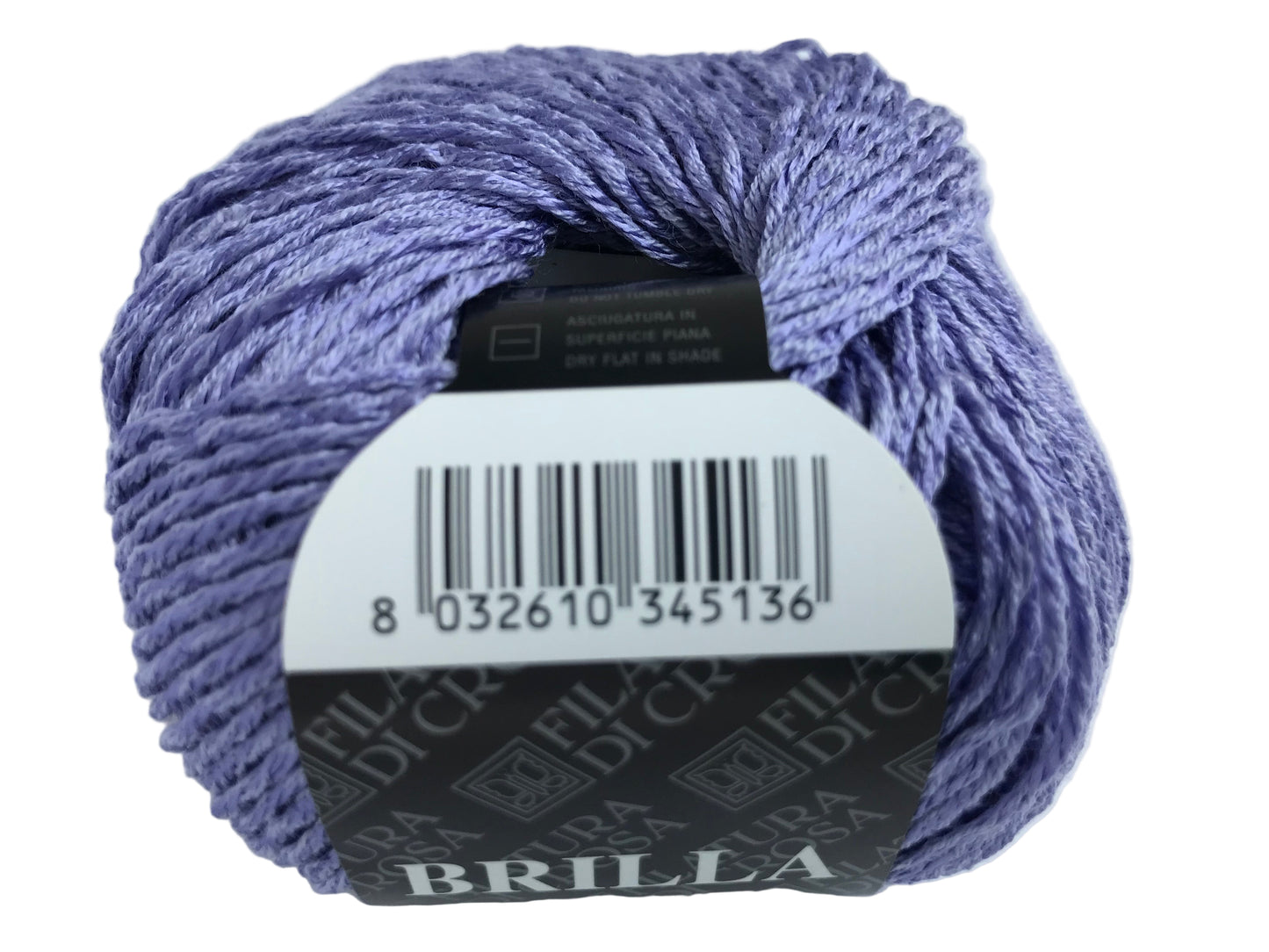 Ball of purple yarn with a label on a white background