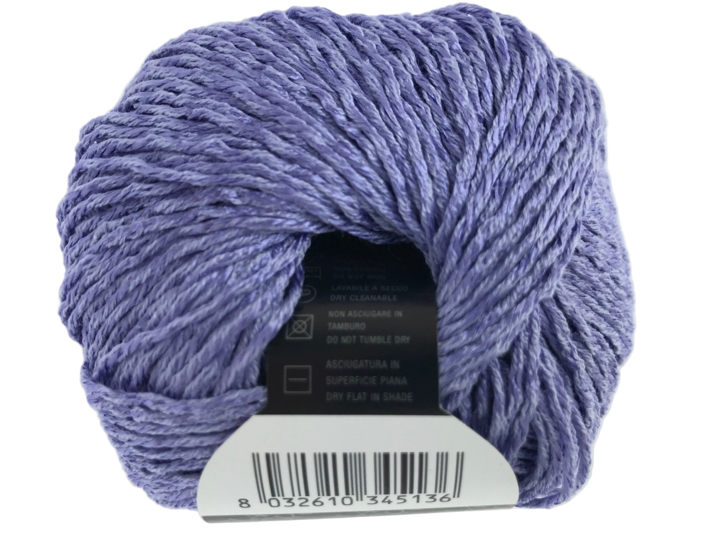 Ball of purple yarn with a label on a white background