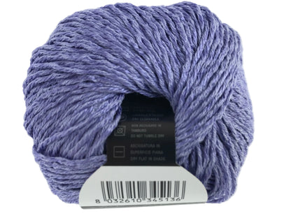 Ball of purple yarn with a label on a white background