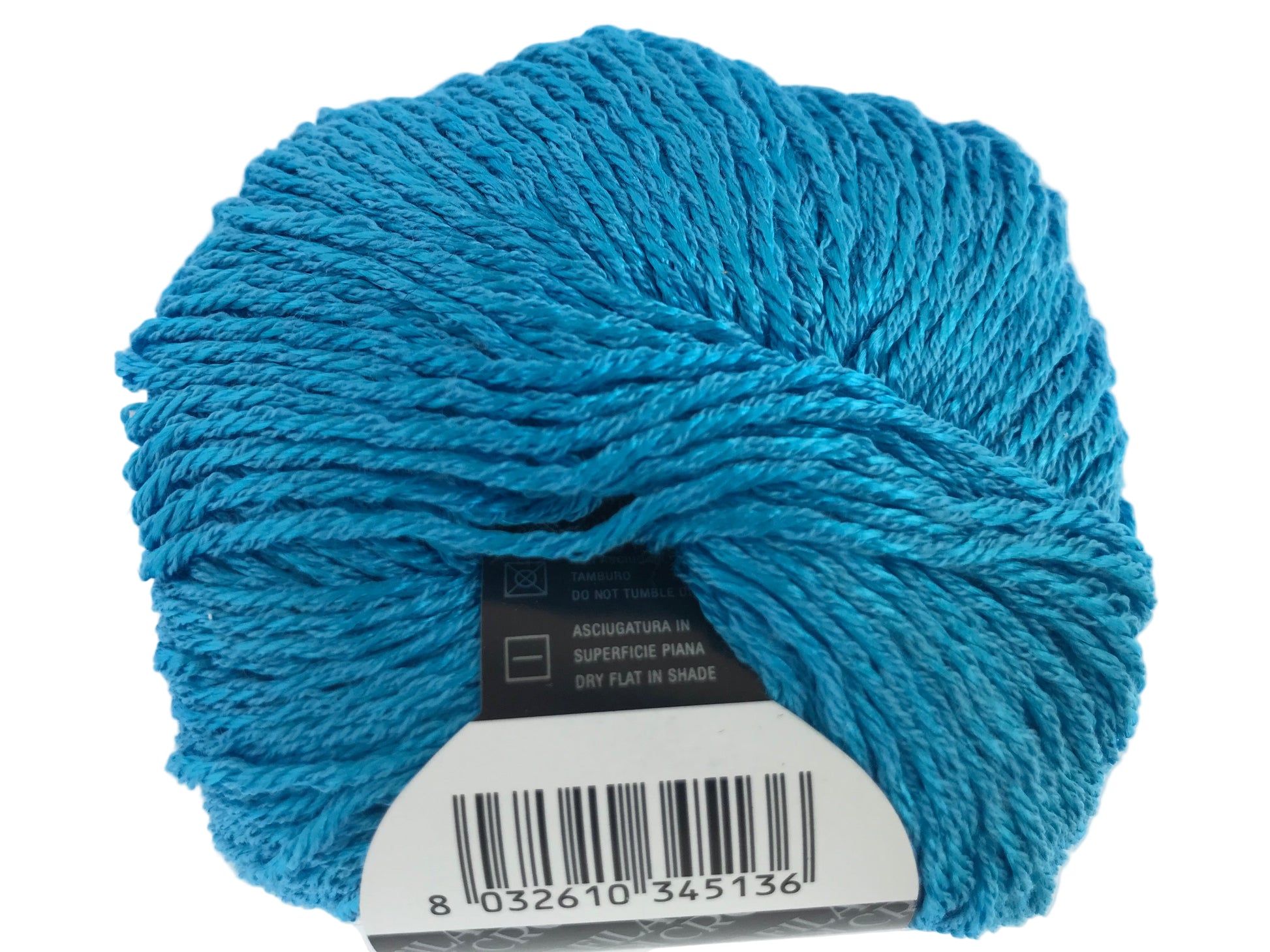 Blue skein of yarn with a label on a white background