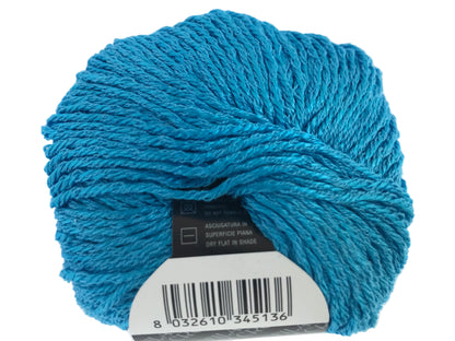 Blue skein of yarn with a label on a white background