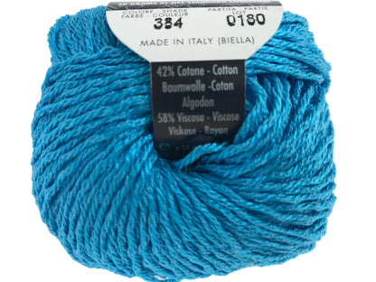Blue ball of yarn with a label on a white background