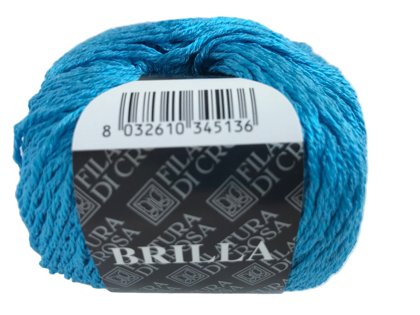 Blue ball of yarn with a label on a white background