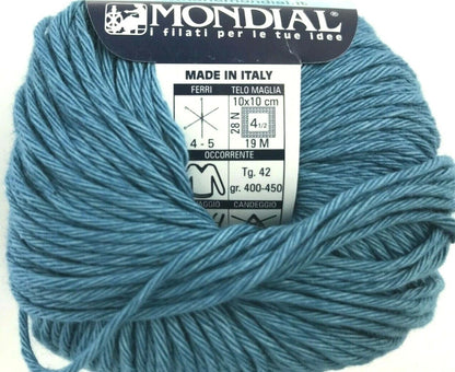 Blue yarn ball with Mondial label on a white background