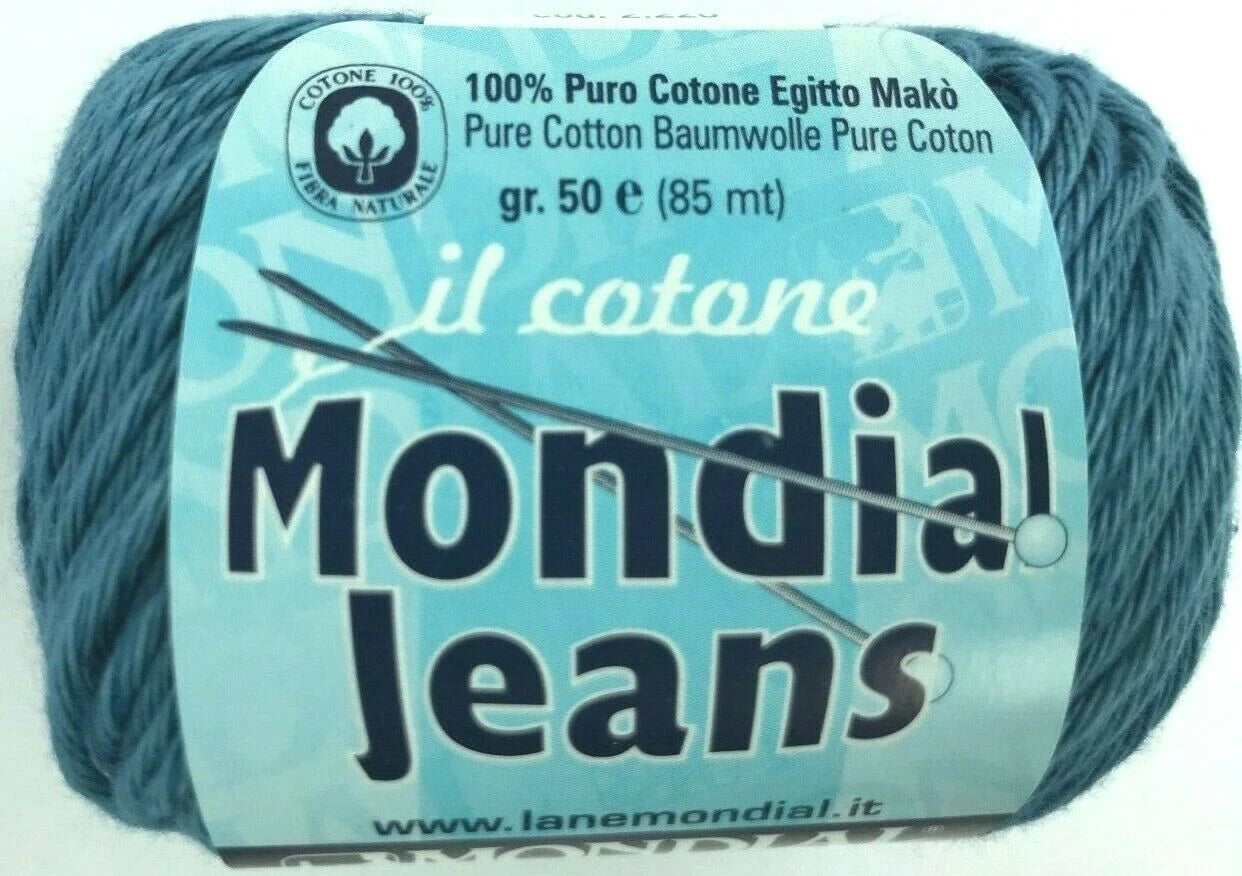 Ball of yarn with 'il cotone Mondial Jeans' label on a white background