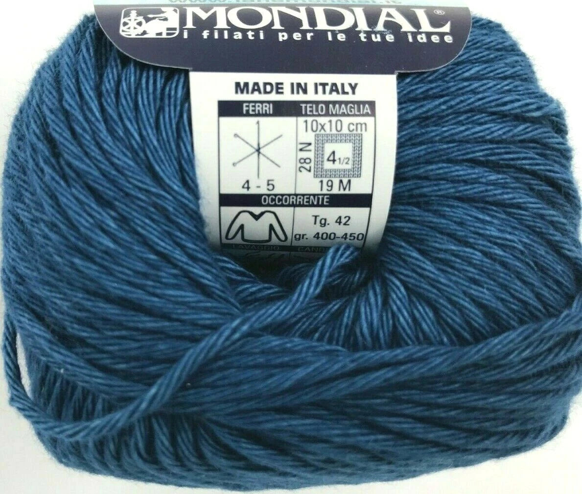Blue ball of yarn with a Mondial label on a white background