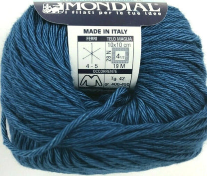 Blue ball of yarn with a Mondial label on a white background