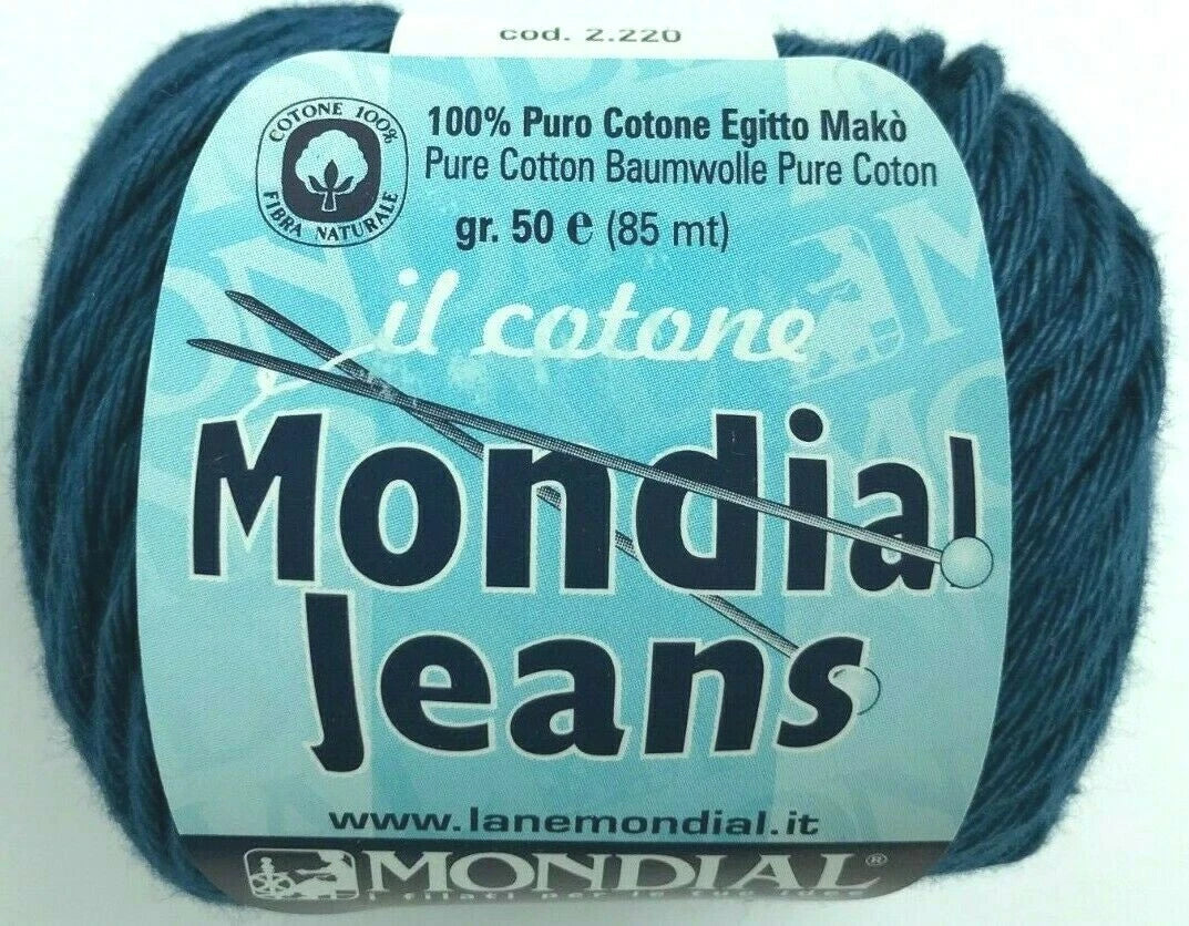Blue skein of yarn with Mondial Jeans label on a white background