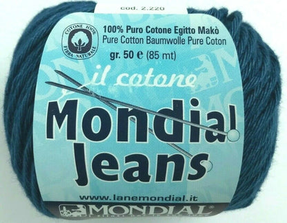 Blue skein of yarn with Mondial Jeans label on a white background
