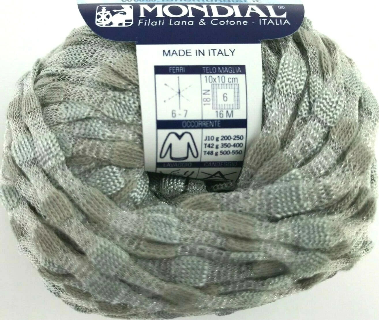 Ball of yarn with a Mondial label on a white background