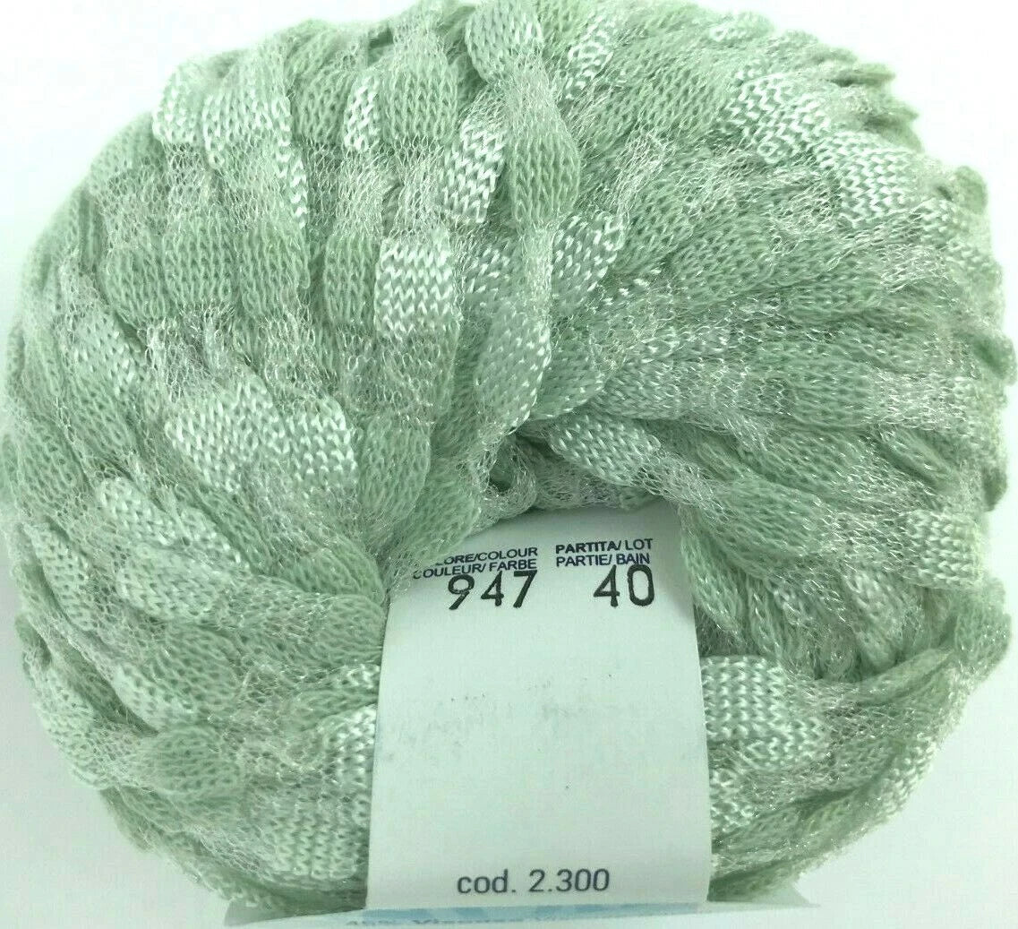 Ball of green yarn with a label on a white background