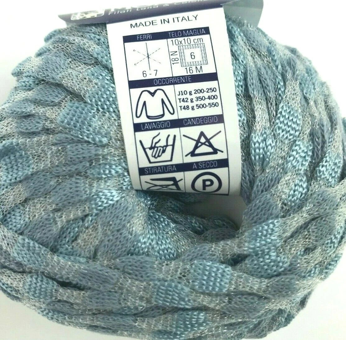 Ball of yarn with a label indicating 'Made in Italy' on a white background