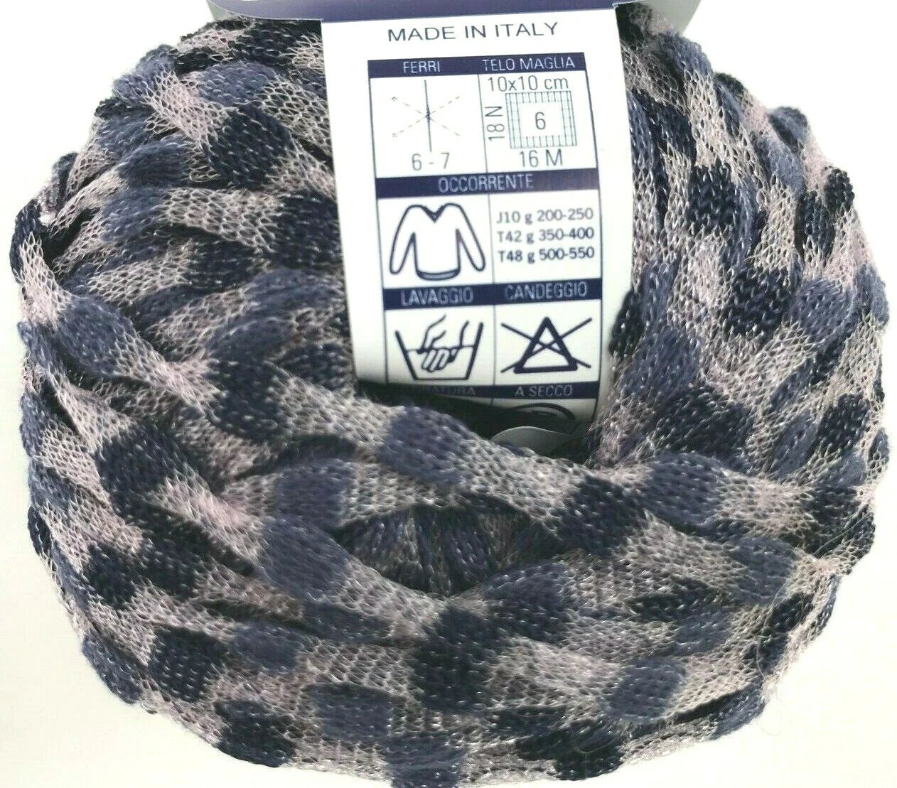 Ball of yarn with a label indicating 'Made in Italy' on a white background