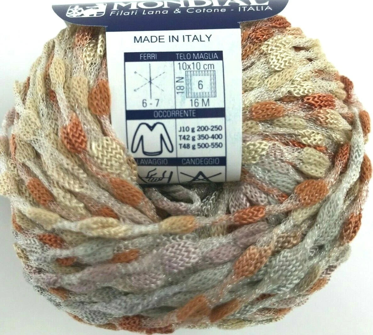 Ball of yarn with a label indicating 'Made in Italy' on a white background