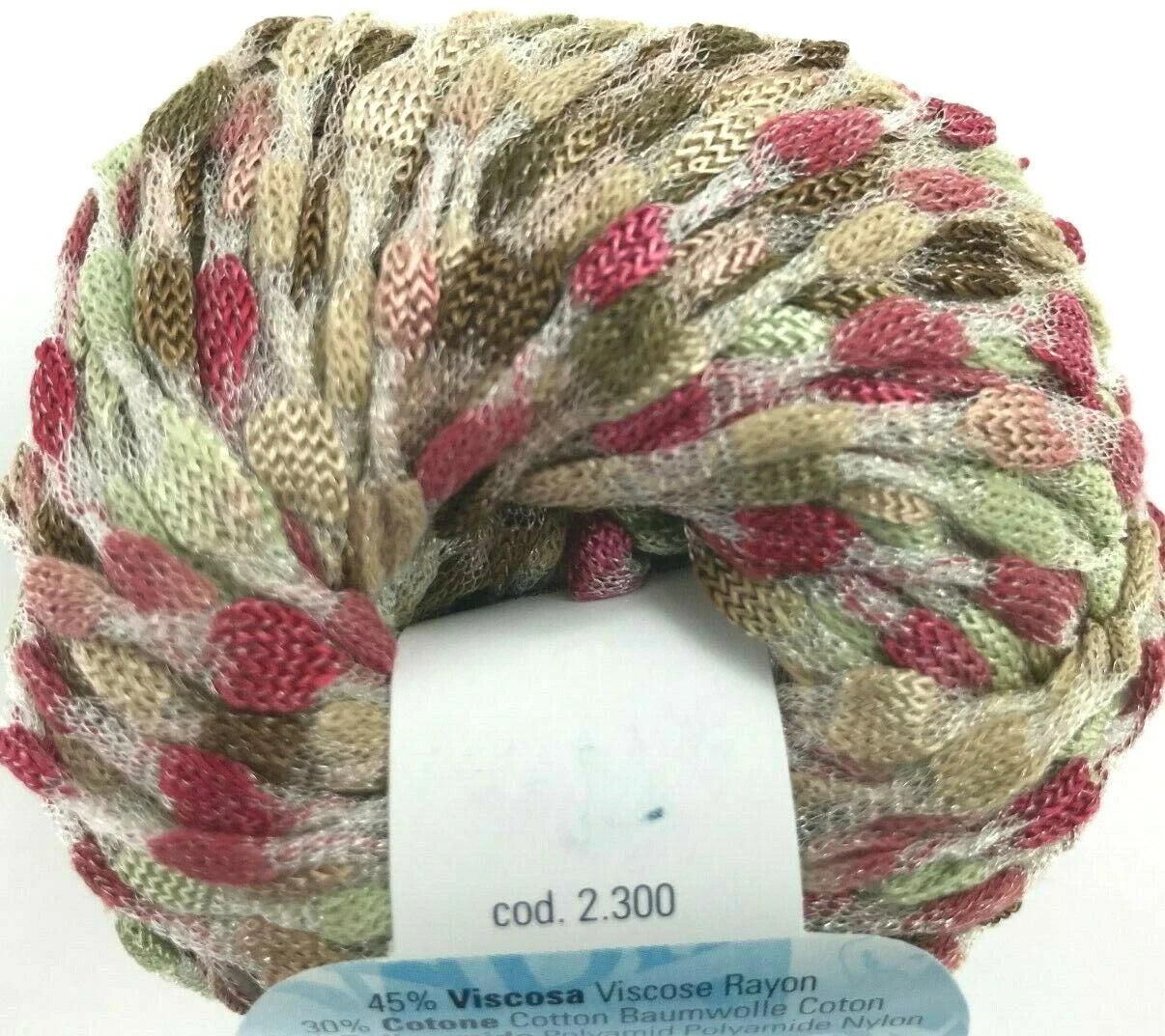 Multicolored skein of yarn with a label on a white background
