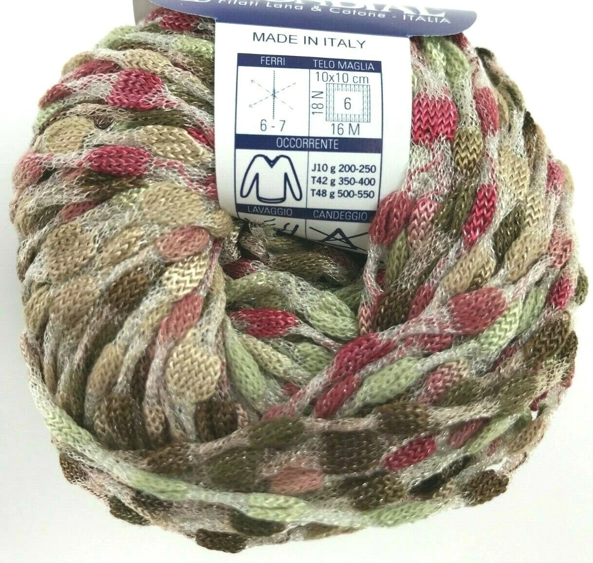 Multicolored yarn ball with a label on a white background