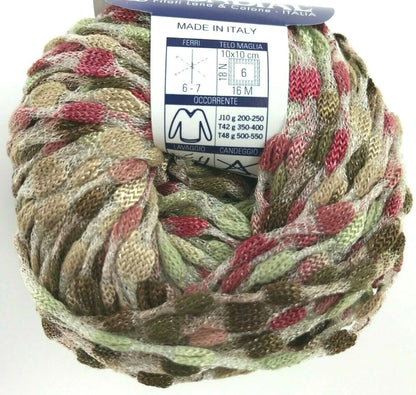 Multicolored yarn ball with a label on a white background