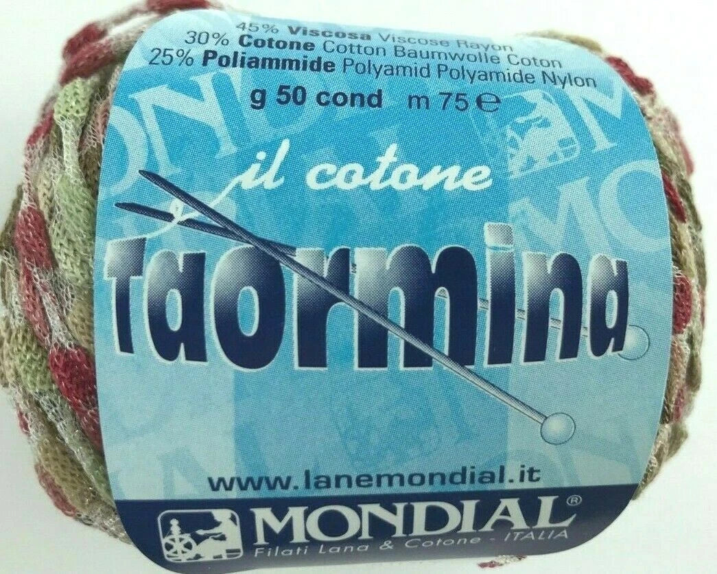 Ball of yarn with 'il cotone Taormina' label and Mondial branding.