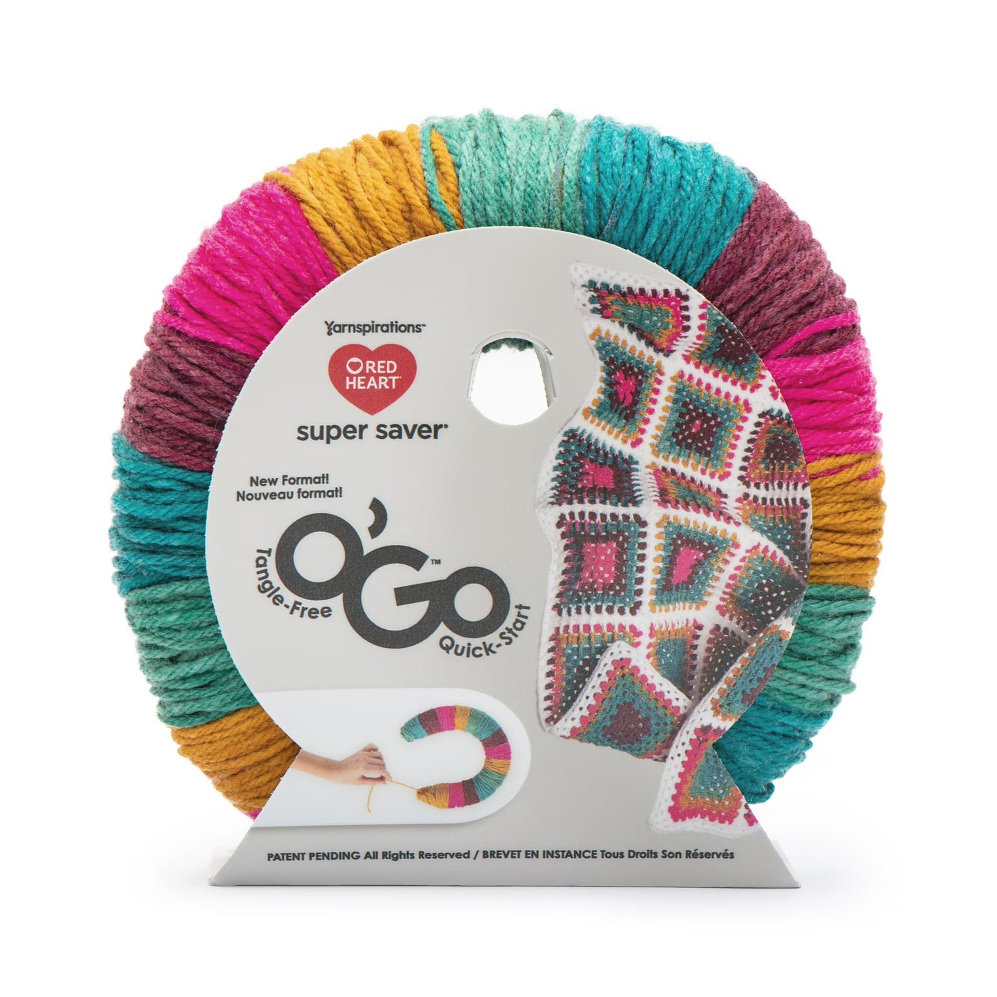 Colorful yarn on a O'Go spool with a label on a white background