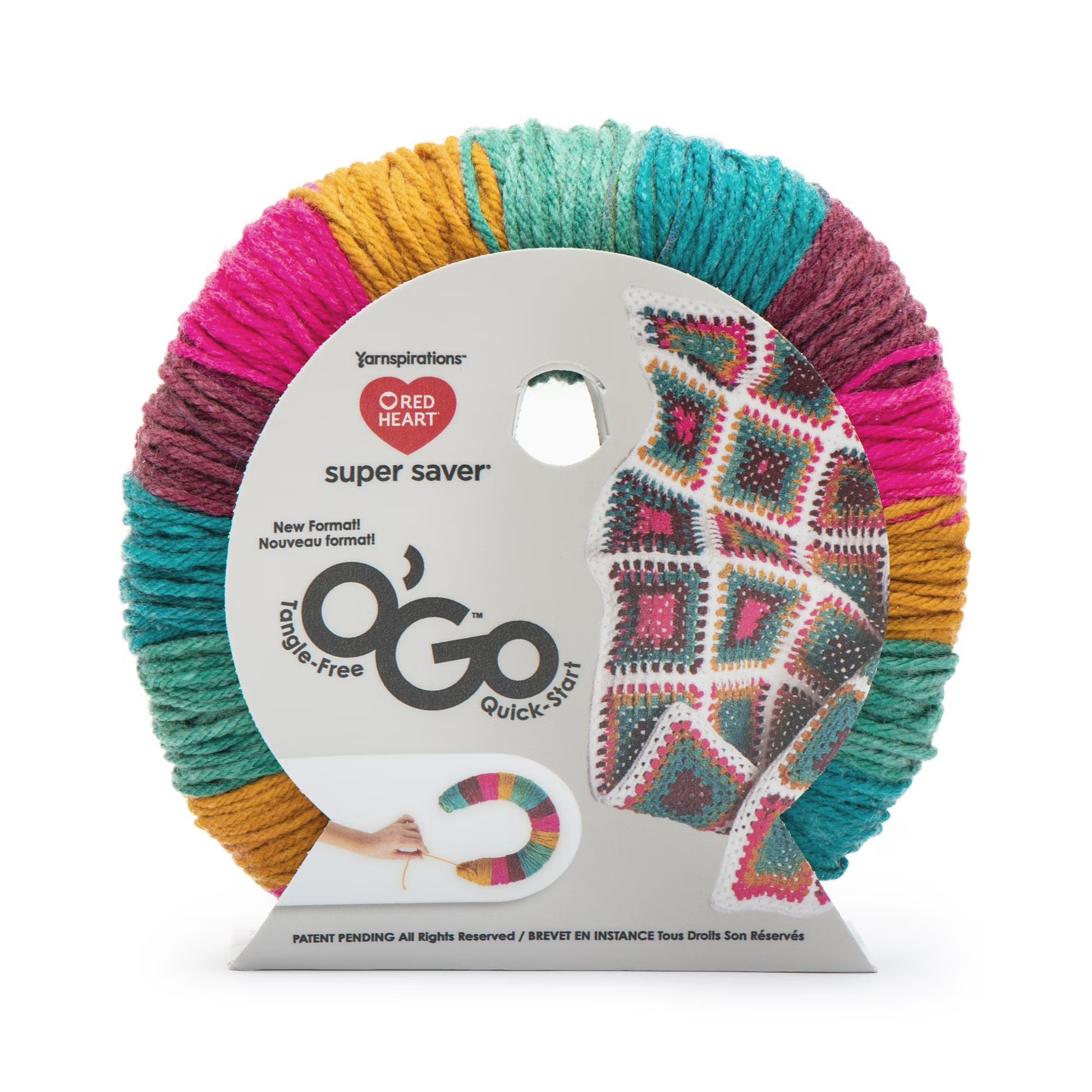 Colorful yarn on a O'Go spool with a label on a white background