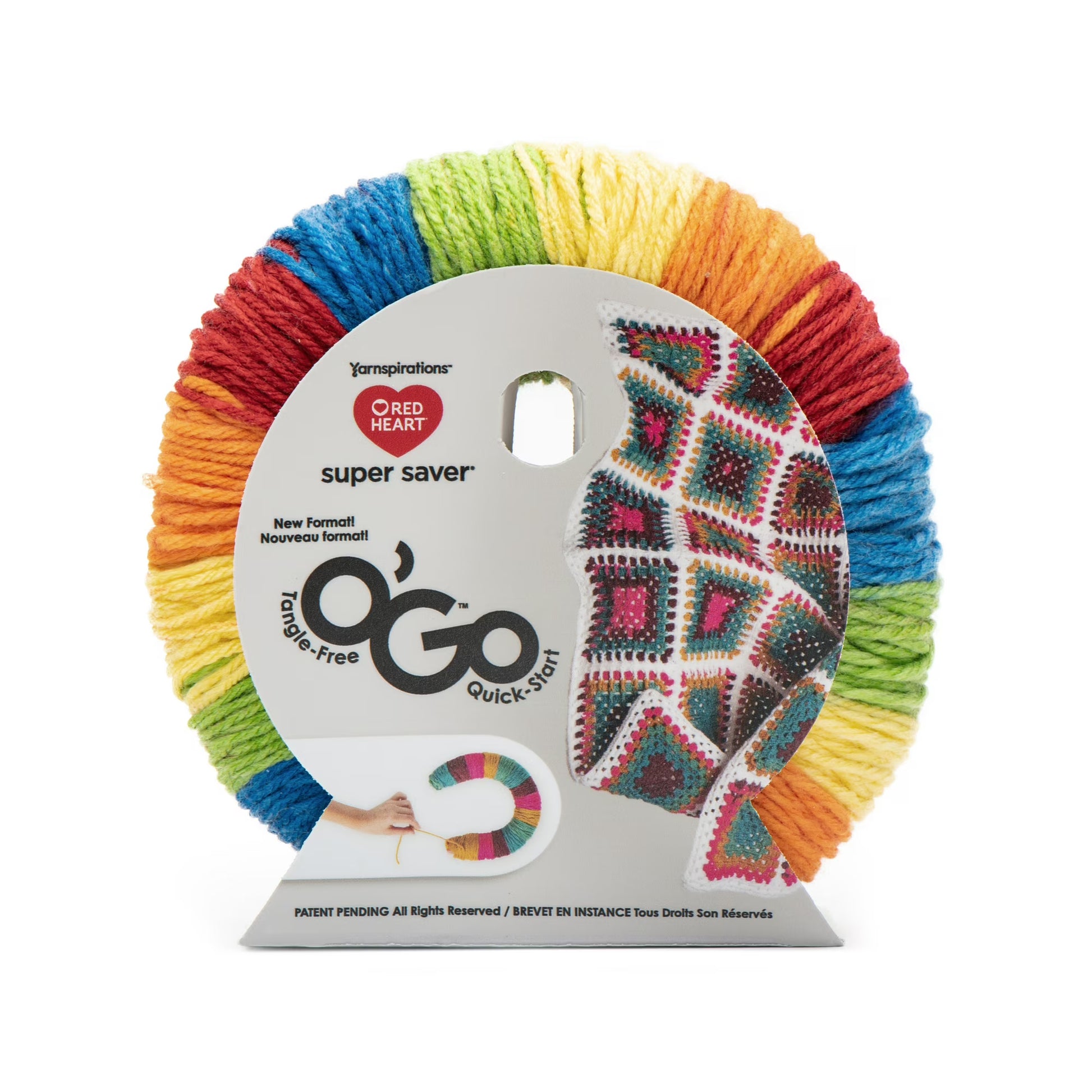 Colorful yarn on a spool with 'Red Heart' branding on a white background