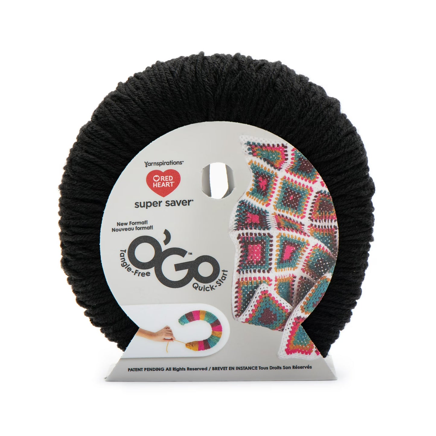 Black yarn ball with O'Go packaging on a white background