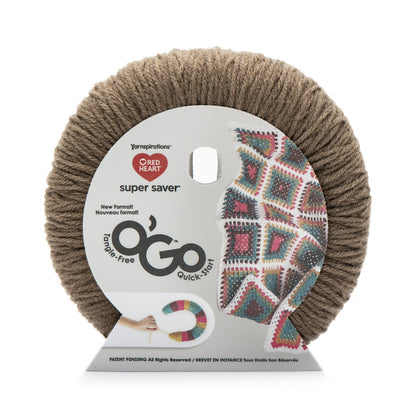 Brown yarn on a stand with Red Heart label and O'Go Quick Start packaging.
