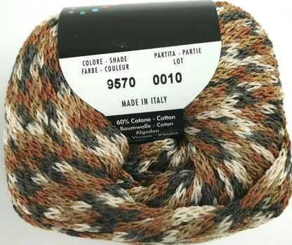 Spool of multicolored yarn with a label on a white background