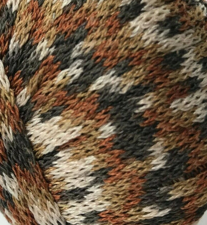 Close-up of a ball of yarn with a multicolor pattern