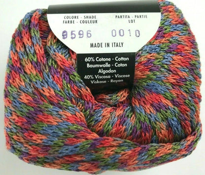 Multicolored yarn skein with label on a white background