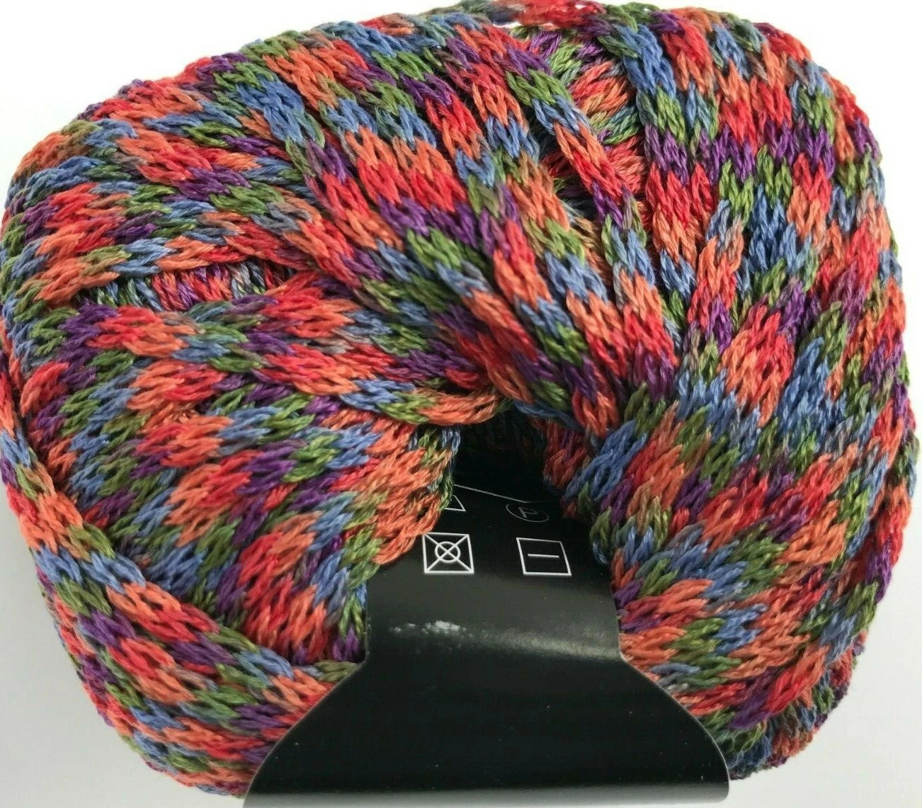 Multicolored yarn on a black stand against a white background