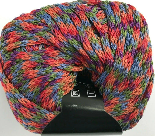 Multicolored yarn on a black stand against a white background