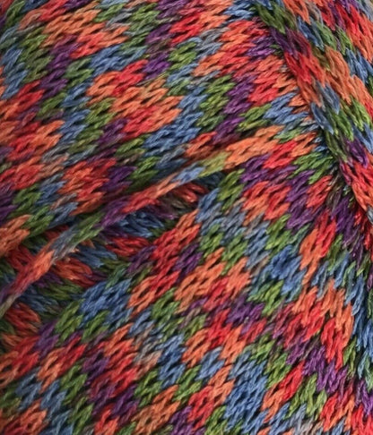 Multicolored yarn ball with a pattern of red, blue, green, and purple.