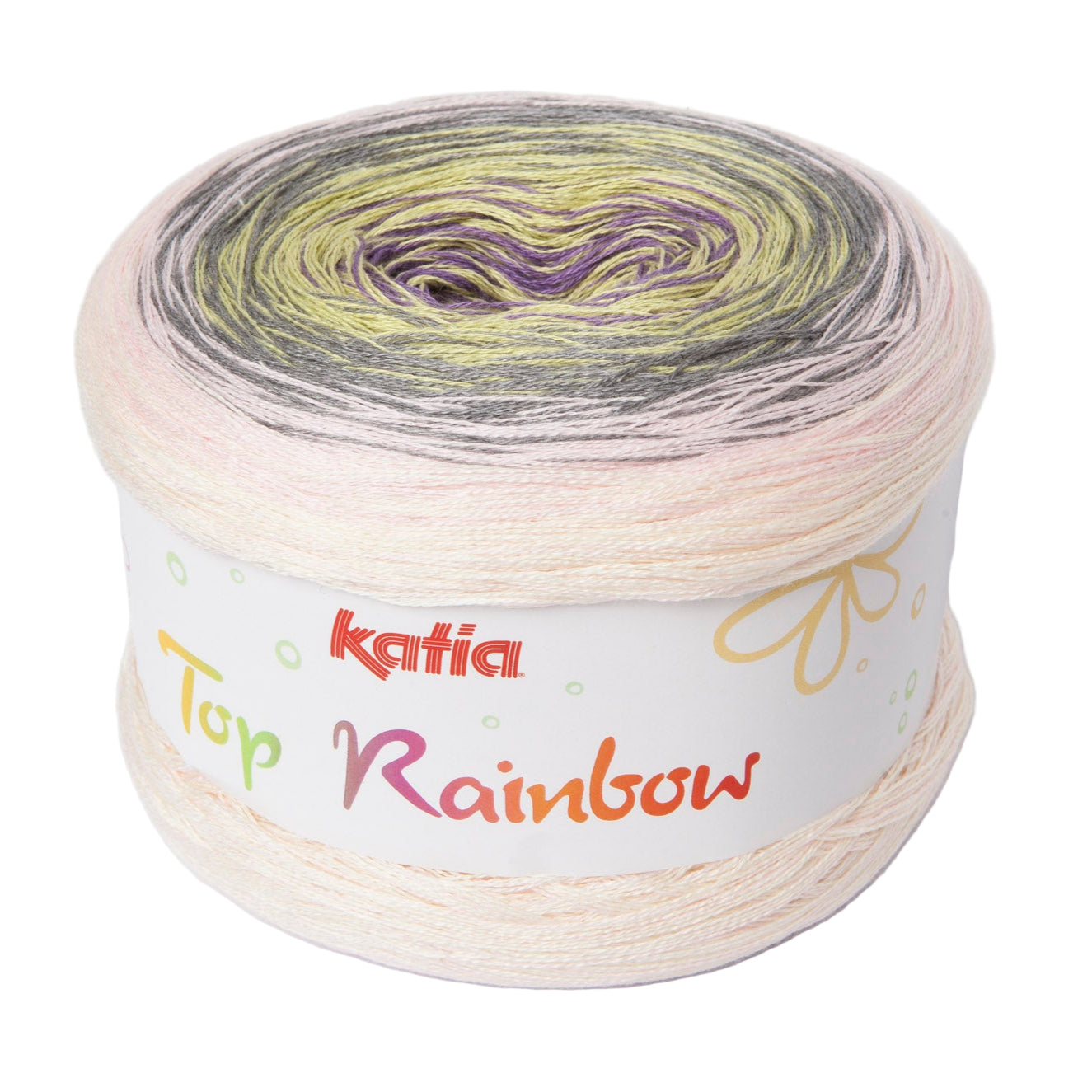 Spool of Katia Top Rainbow yarn with multicolor gradient on a white background