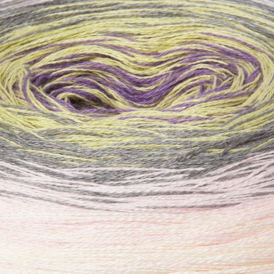 Close-up of multicolored yarn with purple, yellow, and gray tones.