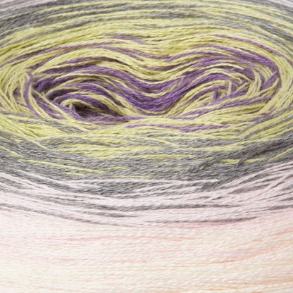 Close-up of multicolored yarn with purple, yellow, and gray tones.