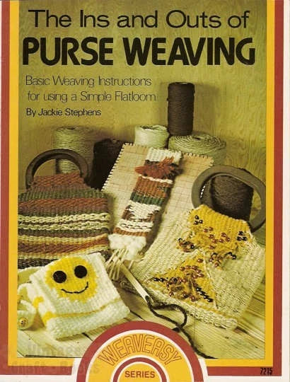 Book cover of 'The Ins and Outs of Purse Weaving' with woven items and text.